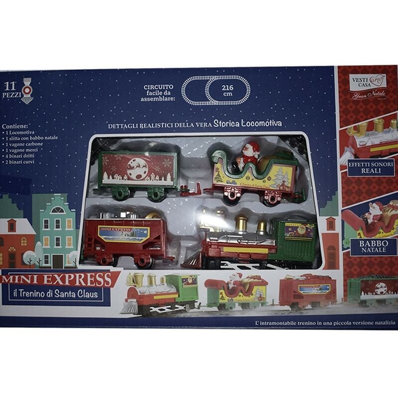 foto del prodotto trenino treno su rotaie movimento babbo natale per sotto albero addobbi natalizi con locomotiva slitta vagone binari