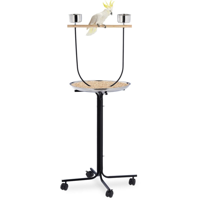 foto del prodotto trespolo per pappagalli grandi, xl, posatoio, asta, 2 mangiatoie, vaschetta, con rotelle, metallo, nero relaxdays