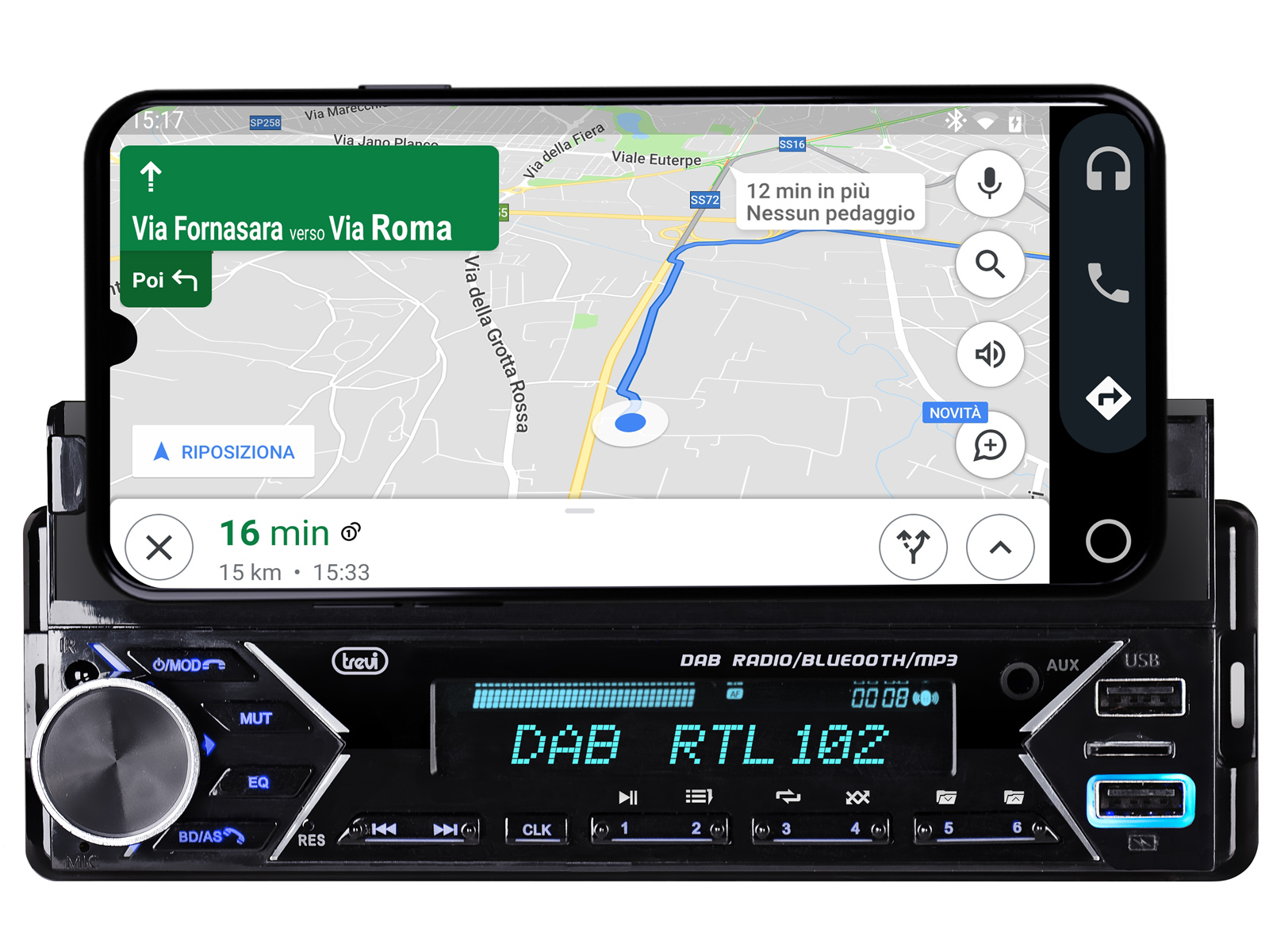 foto del prodotto trevi autoradio dab fm 160w supporto smartphone 7 wireless usb micro sd scd 5753 dab