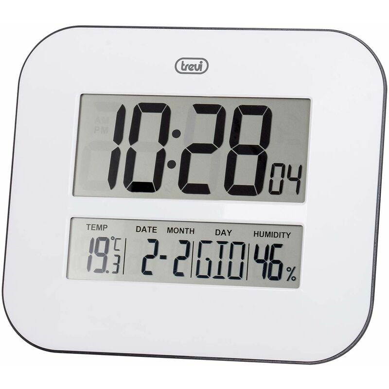 foto del prodotto trevi om 3520 d orologio digitale con grande display lcd da muro, termometro, calendario multilingue, installazione a parete o tavolo, bianco, 25 x