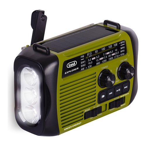 foto del prodotto trevi radio portatile dinamo e solare usb micro sd wireless e powerbank ra 7f30 bt verde