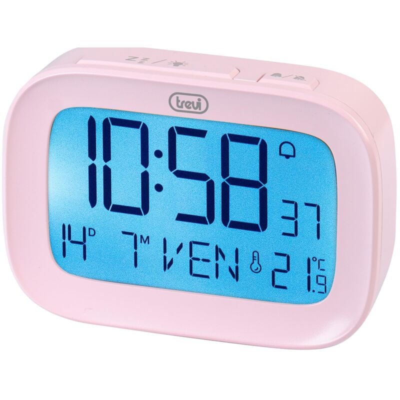 foto del prodotto trevi sld 3850 orologio sveglia digitale con termometro integrato, grande display lcd, orologio e calendario, funzione snooze, rosa