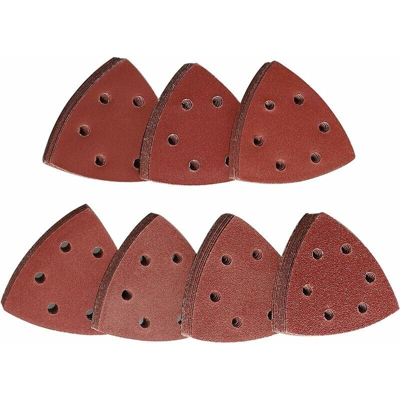 foto del prodotto triangl poncag, triangolo abrasivo 70 triangoli abrasivi con gancio e anello 6 fori grana 60 80 120 180 240 320 400 set di carta abrasiva triangolare