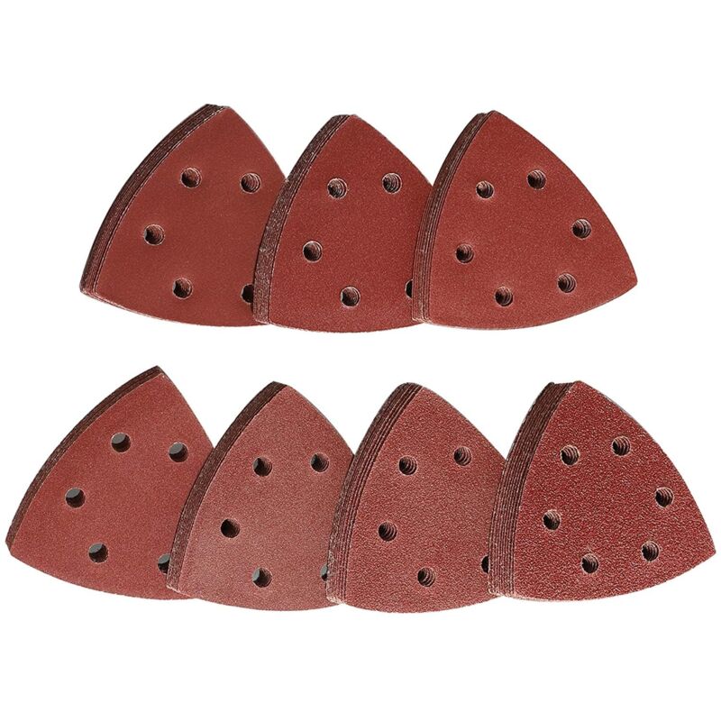 foto del prodotto triangoli abrasivi 70 pezzi mixpack 10 x grana 60 80 120 180 240 320 400 ciascuno, 90 x 90 x 90 mm per levigatrici a delta, triangoli abrasivi con
