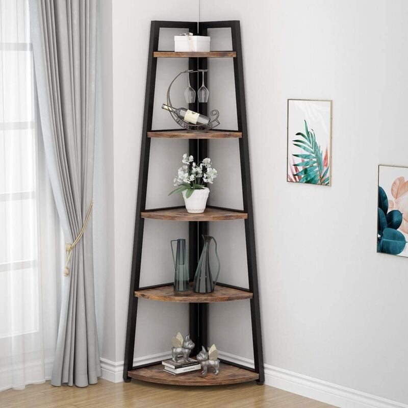foto del prodotto tribesigns 176 cm scaffale ad angolo alto, libreria ad angolo rustica a 5 livelli scaffale a scala d angolo industriale supporto per piante per