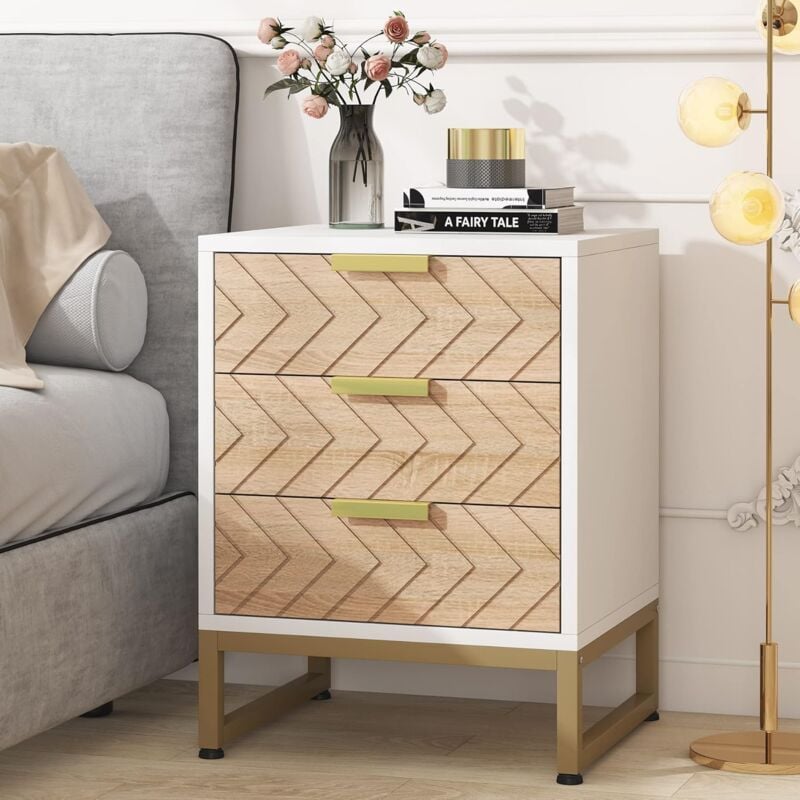 foto del prodotto tribesigns comodini con 3 cassetti, comodino dal design unico a zig zag, tavolino moderno per camera da letto e soggiorno, bianco e oro bianco e oro 