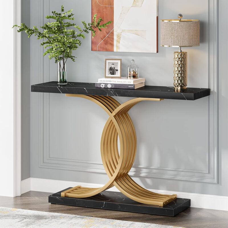 foto del prodotto tribesigns consolle ingresso,tavolo consolle in marmo moderno vintage bianco e oro,telaio in metallo, 100 x 29.5 x 80 cm tavolo d ingresso alto e