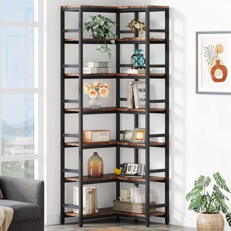 foto del prodotto tribesigns grande libreria angolare, 200cm alta, scaffale industriale da pavimento, con struttura in metallo, per soggiorno, casa, ufficio marrone
