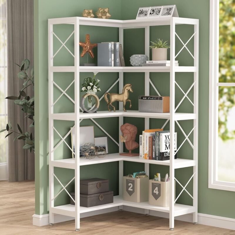 foto del prodotto tribesigns libreria angolare a 5 ripiani, grande libreria ad angolo moderna, 5 ripiani alti espositori con struttura in metallo per soggiorno,