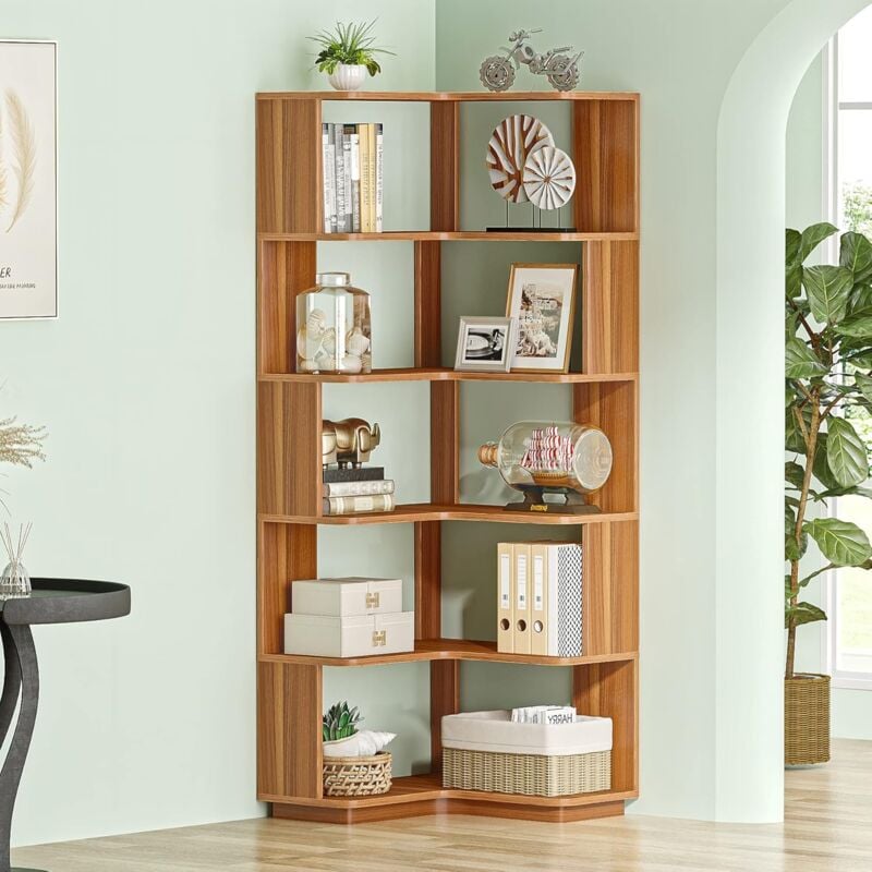 foto del prodotto tribesigns libreria angolare a 6 livelli, alta 165 cm, con pannello anti goccia, scaffale angolare in legno autoportante, organizer per casa,