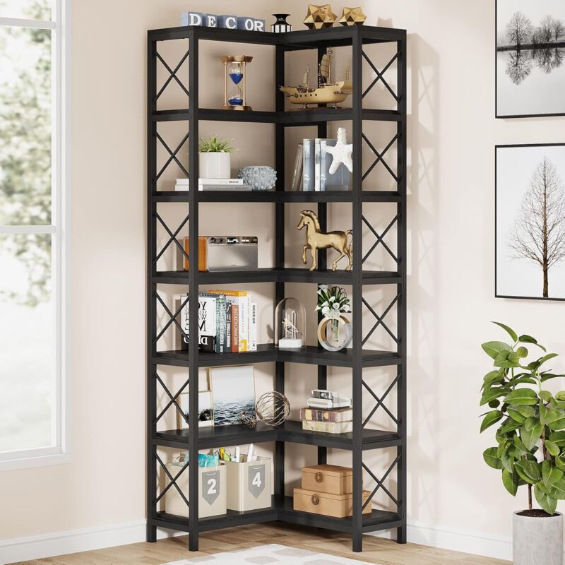immagine 0 del prodotto tribesigns libreria angolare, libreria alta, grande scaffale angolare industriale, scaffale angolare da pavimento, scaffale con struttura in