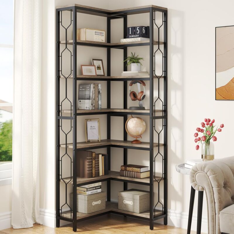 foto del prodotto tribesigns libreria angolare, scaffale angolare industriale a 7 livelli,mobile angolare in legno e metallo, vetrina angolare indipendente per