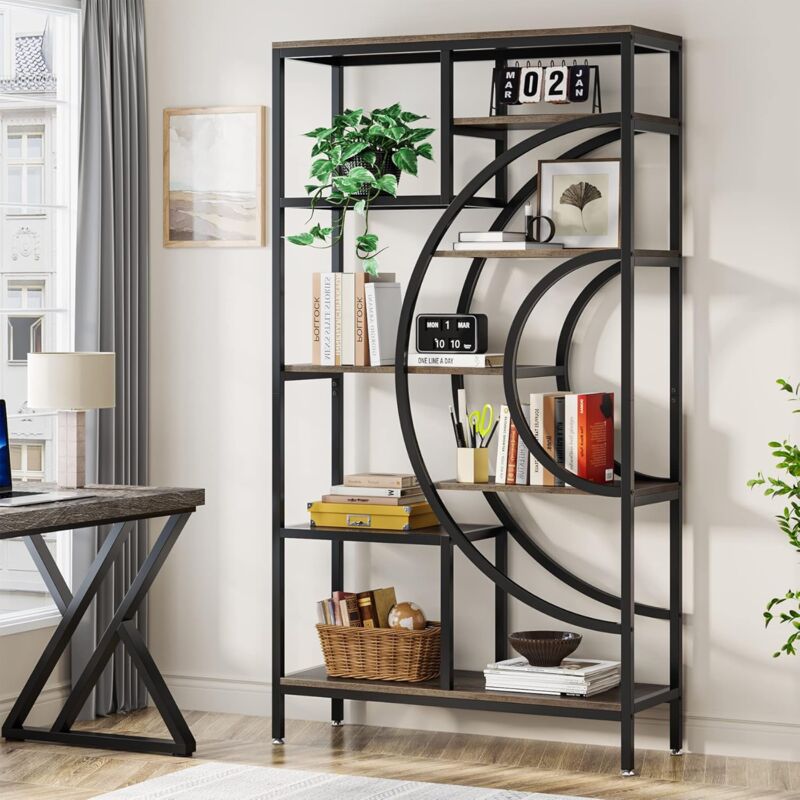 foto del prodotto tribesigns libreria geometrica da 179cm, libreria industrial a 8 ripiani, libreria scaffale rustica con struttura in metallo, scaffali alti