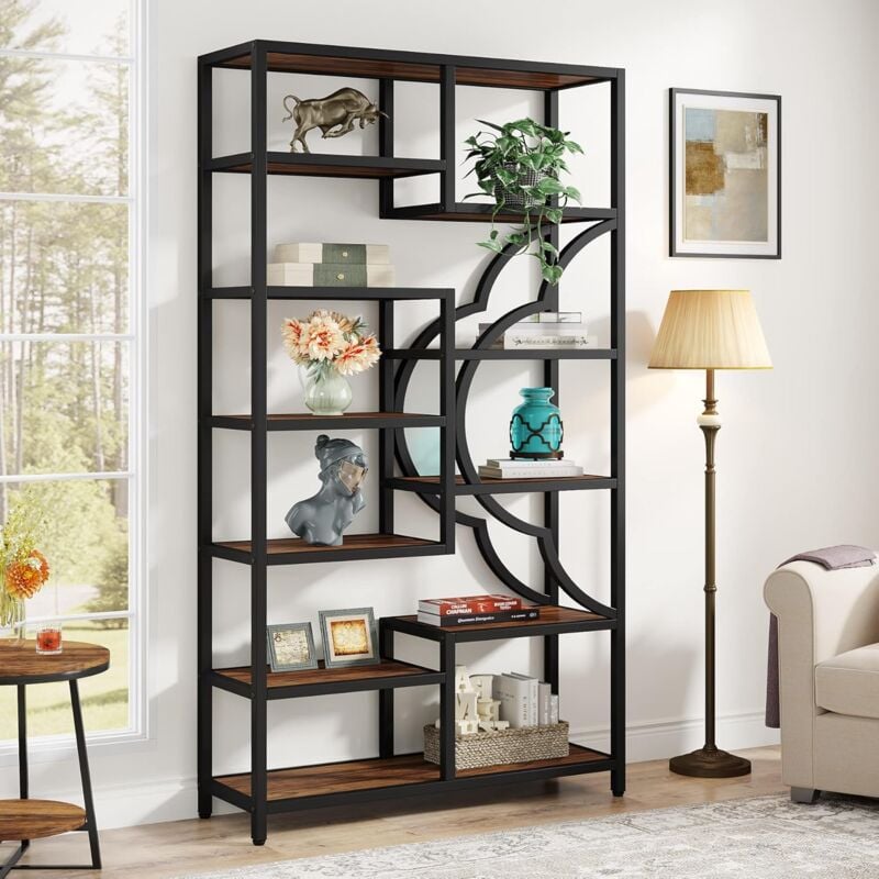 foto del prodotto tribesigns libreria industriale a 6 ripiani, altezza 190 cm, con 11 scaffali aperti, design unico a forma di arco, libreria per ufficio, soggiorno,
