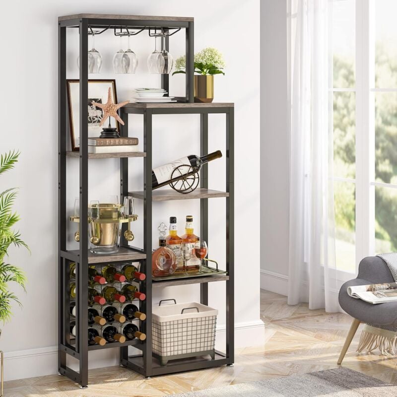 foto del prodotto tribesigns portabottiglie da pavimento autoportante, scaffale per vino a 5 livelli con supporto per bicchieri e conservazione del vino, scaffale