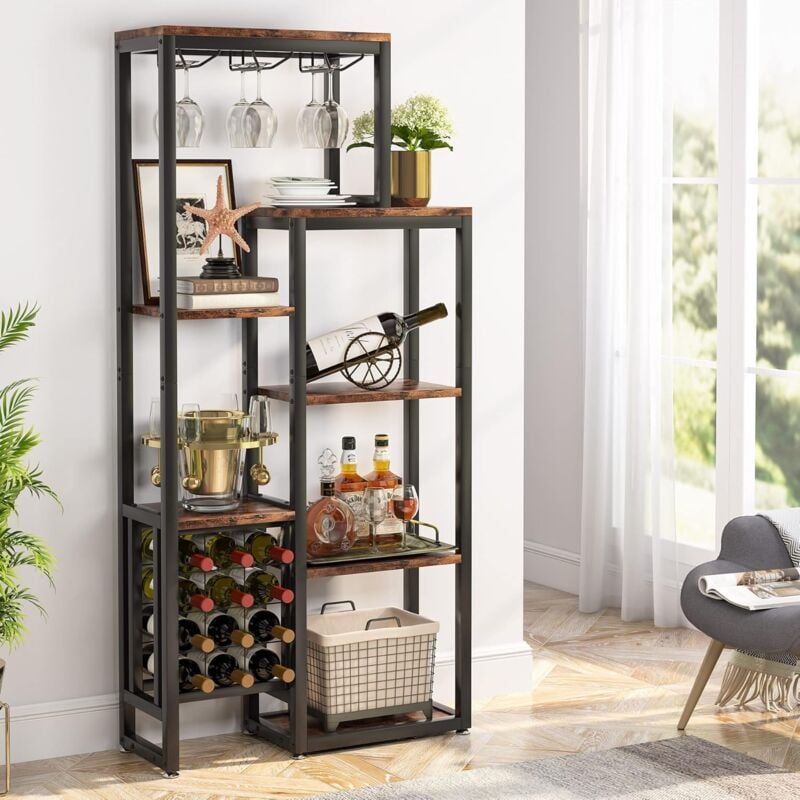 foto del prodotto tribesigns portabottiglie da vino a 5 ripiani con supporto in vetro e contenitore per vino, espositore per vino industriale, per bar, cucina, sala