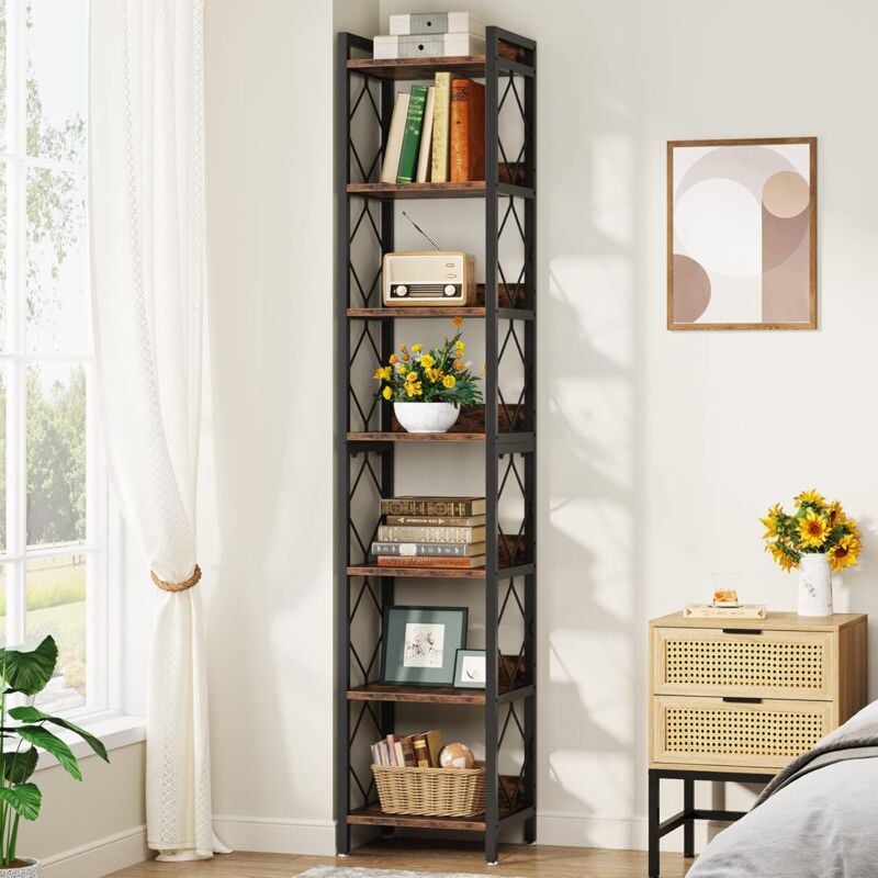 foto del prodotto tribesigns scaffale a 7 livelli, libreria 200cm scaffale portaoggetti, libreria industriale stretta e alta per piccoli spazi, struttura in metallo,