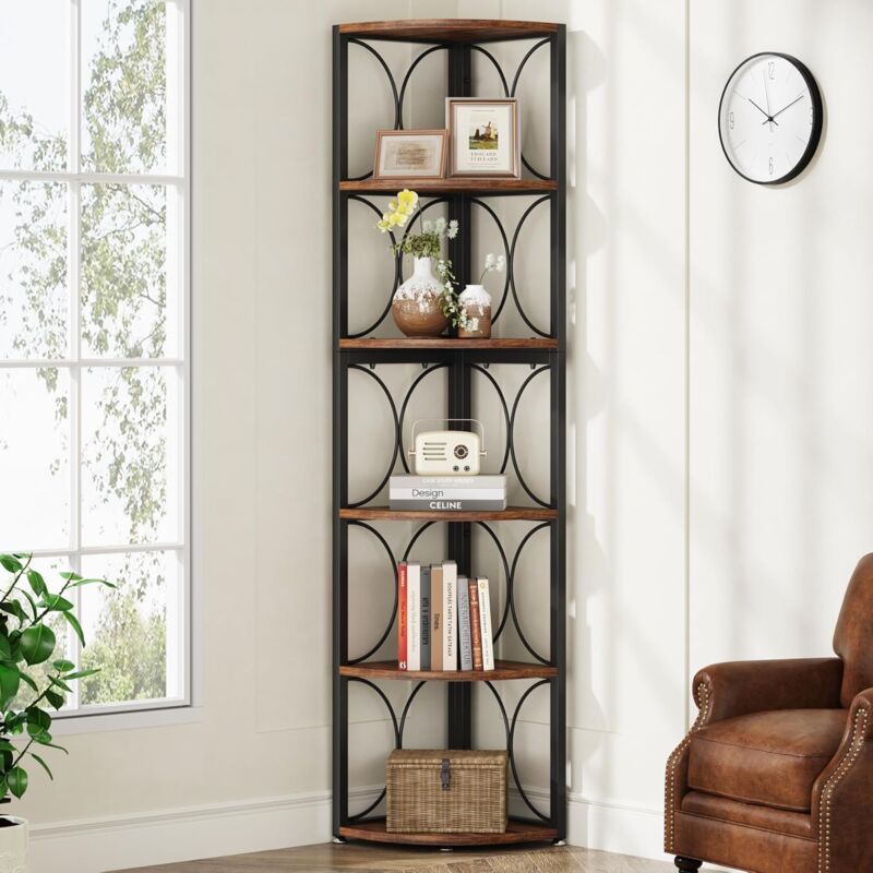 foto del prodotto tribesigns scaffale angolare alto da170cm, libreria angolare rustico a 6 livelli,libreria scaffale da terra per soggiorno, casa, ufficio, piccolo