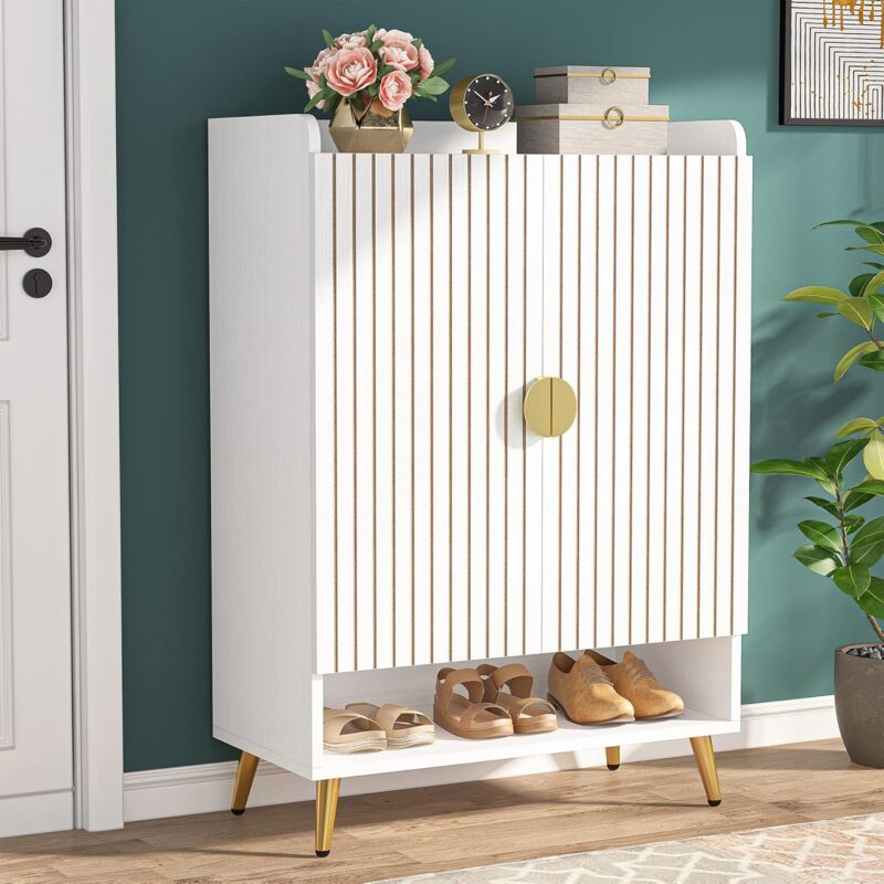foto del prodotto tribesigns scarpiera con 2 ante, 75 x 37 x 110 cm, scarpiera con telaio in metallo dorato, scarpiera stretta, a 7 ripiani, per 25 paia di scarpe, per