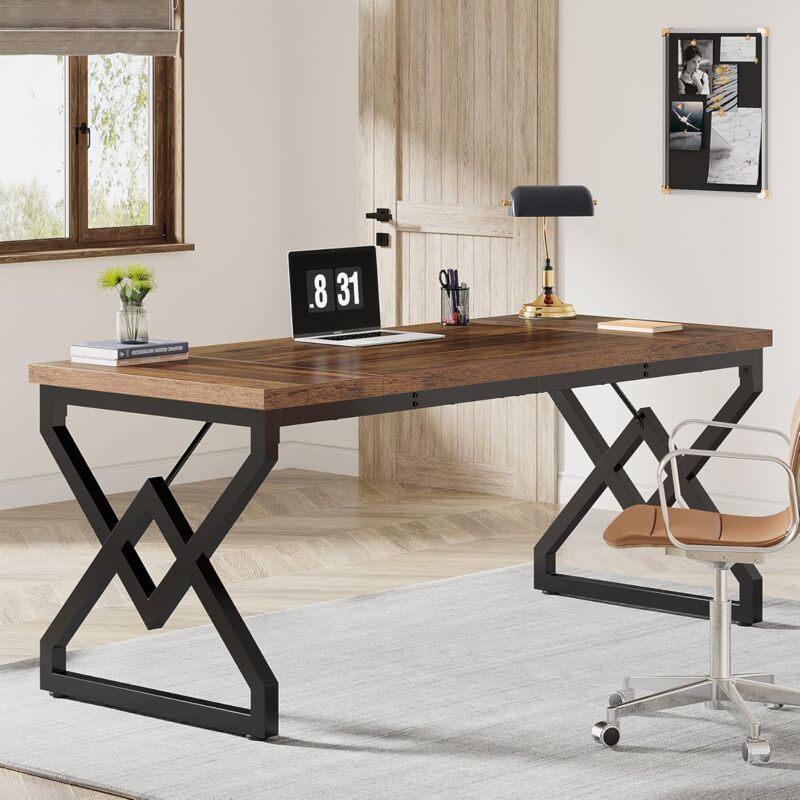 foto del prodotto tribesigns scrivania, 160 x 70 x 75 cm grande scrivania per ufficio con piano in legno extra spesso e struttura in metallo, postazione di lavoro,