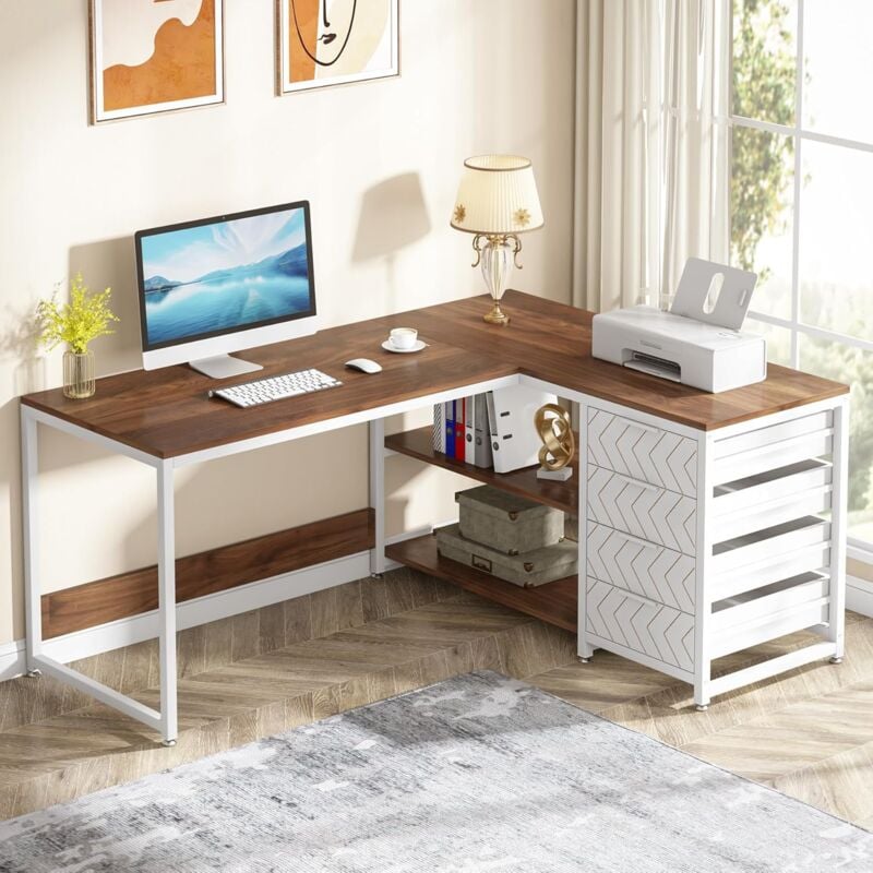 foto del prodotto tribesigns scrivania con cassetti, scrivania angolare con ripiani,scrivania per computer ad angolo a forma di l,tavolo da scrivania con 4 cassetti