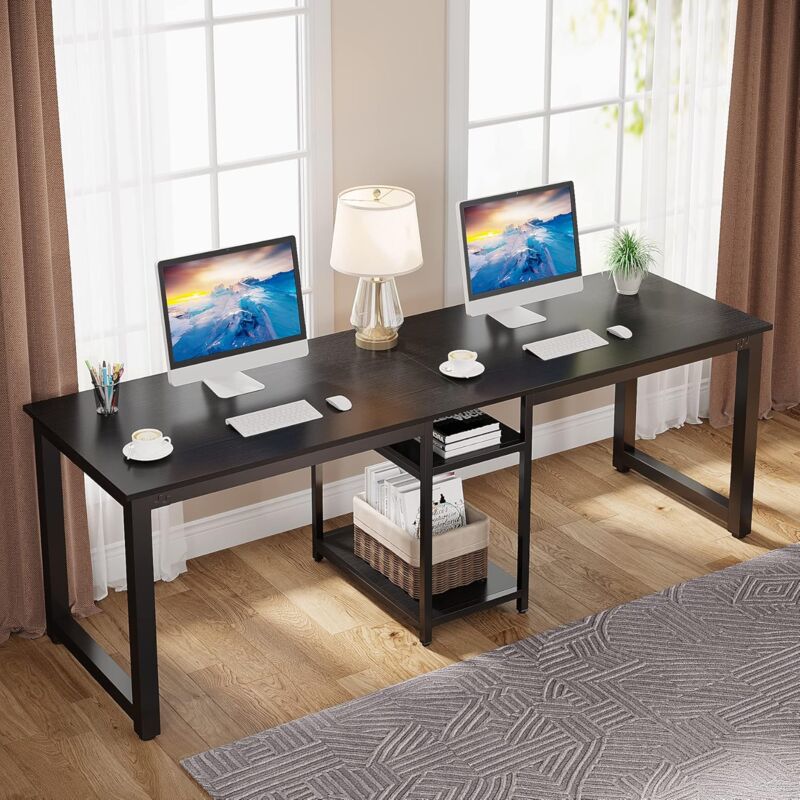 foto del prodotto tribesigns scrivania doppia 200 cm, extra lunga scrivania computer con ripiani portaoggetti, per due persone scrivania da studio postazione di