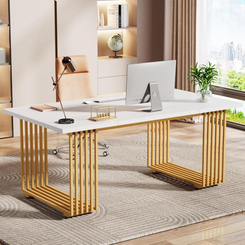 foto del prodotto tribesigns scrivania per computer, 180 x 80 x 78 cm scrivania moderna per ufficio tavolo per pc, tavolo da lavoro con gambe dorate per scrivanie