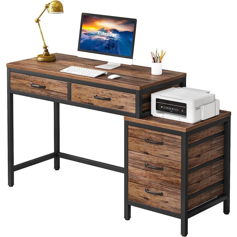 foto del prodotto tribesigns scrivania per computer, tavolo da ufficio con 5 cassetti per studenti,scrivania per scrittura di studio per la casa con cassettiera
