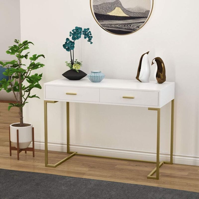 foto del prodotto tribesigns scrivania, scrivania per computer con 2 cassetti portaoggetti, scrivania per studio home office, telaio in metallo 100 x 76 x 50 cm,