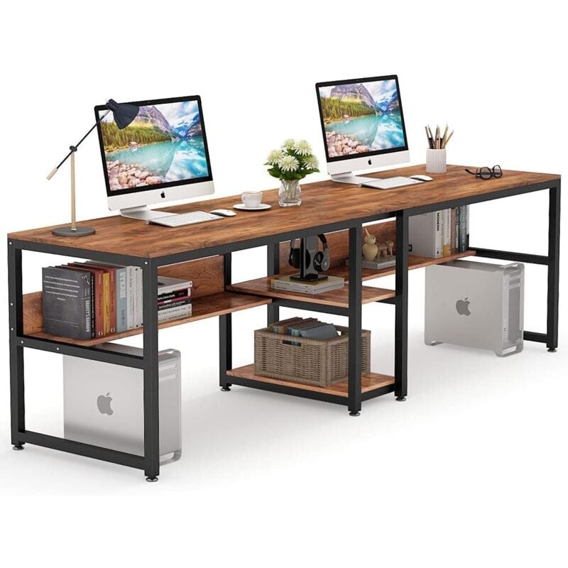 foto del prodotto tribesigns scrivania, scrivania per due persone con ripiani, 200 cm doppia scrivania per computer, tavolo da lavoro, per ufficio soggiorno,