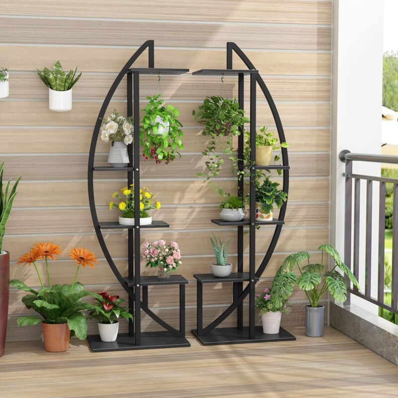 foto del prodotto tribesigns supporto alto a 5 livelli per piante da interno, confezione da 2, in metallo curvo, con 2 ganci per appenderlo, multiuso per bonsai, per