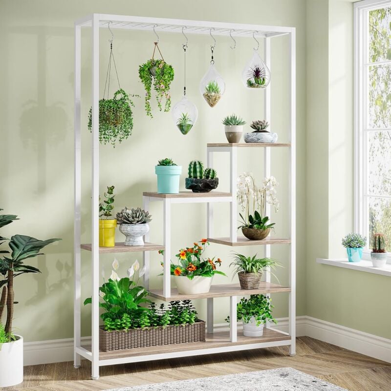 foto del prodotto tribesigns supporto per piante alto da interno a 5 ripiani, in metallo, con 10 ganci a s, espositore multiuso per bonsai per interni, giardino,