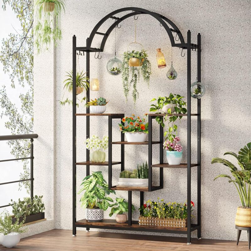 foto del prodotto tribesigns supporto per piante da interno a 5 livelli, 190 cm, scaffale per piante in metallo con 8 ganci a s, grande espositore scaffale per