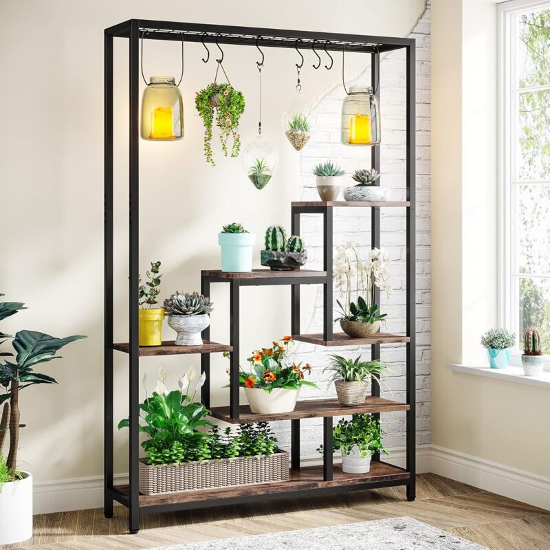 foto del prodotto tribesigns supporto per piante da interno alto a 5 livelli, grande mensola in metallo con 6 ganci a s, espositore multiuso per bonsai, per interni,