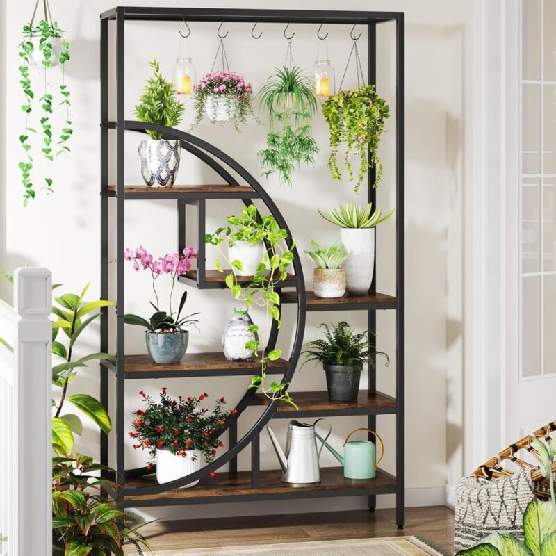 foto del prodotto tribesigns supporto per piante da interno alto a 7 livelli, scaffale per piante a forma di mezzaluna alto 180cm con 6 ganci a s, espositore