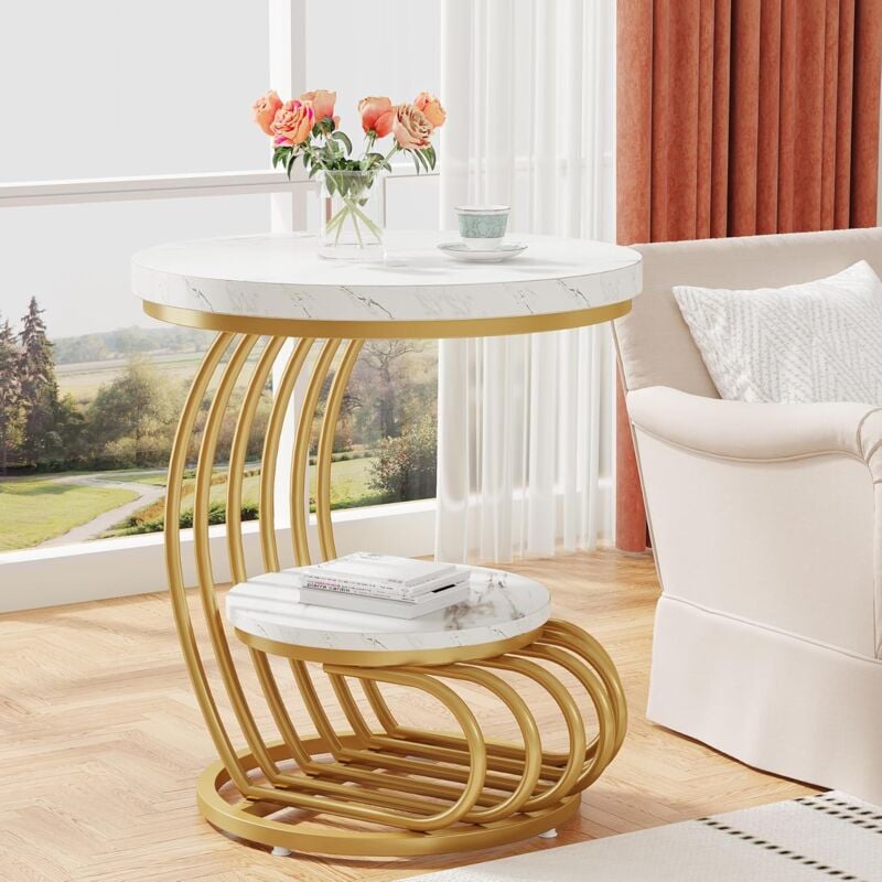 foto del prodotto tribesigns tavolino rotondo oro, tavolino a 2 livelli in finto marmo con ripiano portaoggetti, comodino moderno in oro bianco, tavolino con