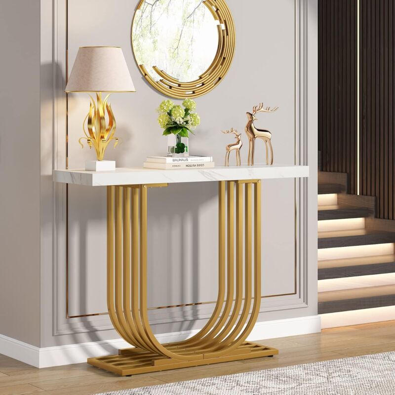 foto del prodotto tribesigns tavolo consolle con base dorata, 100 cm consolle ingresso moderno, con gambe geometriche in metallo per soggiorno, corridoio, ingresso,
