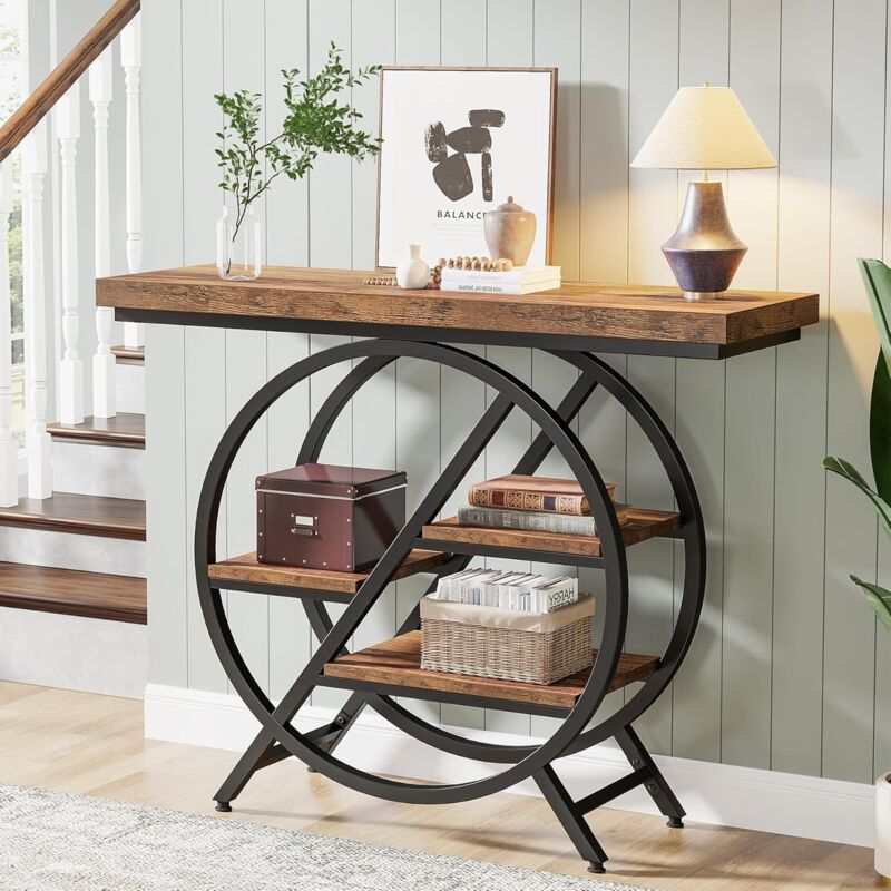 foto del prodotto tribesigns tavolo consolle, tavolo da ingresso da 100 cm con piano ispessito, tavolo da divano industriale a 4 ripiani con struttura geometrica in