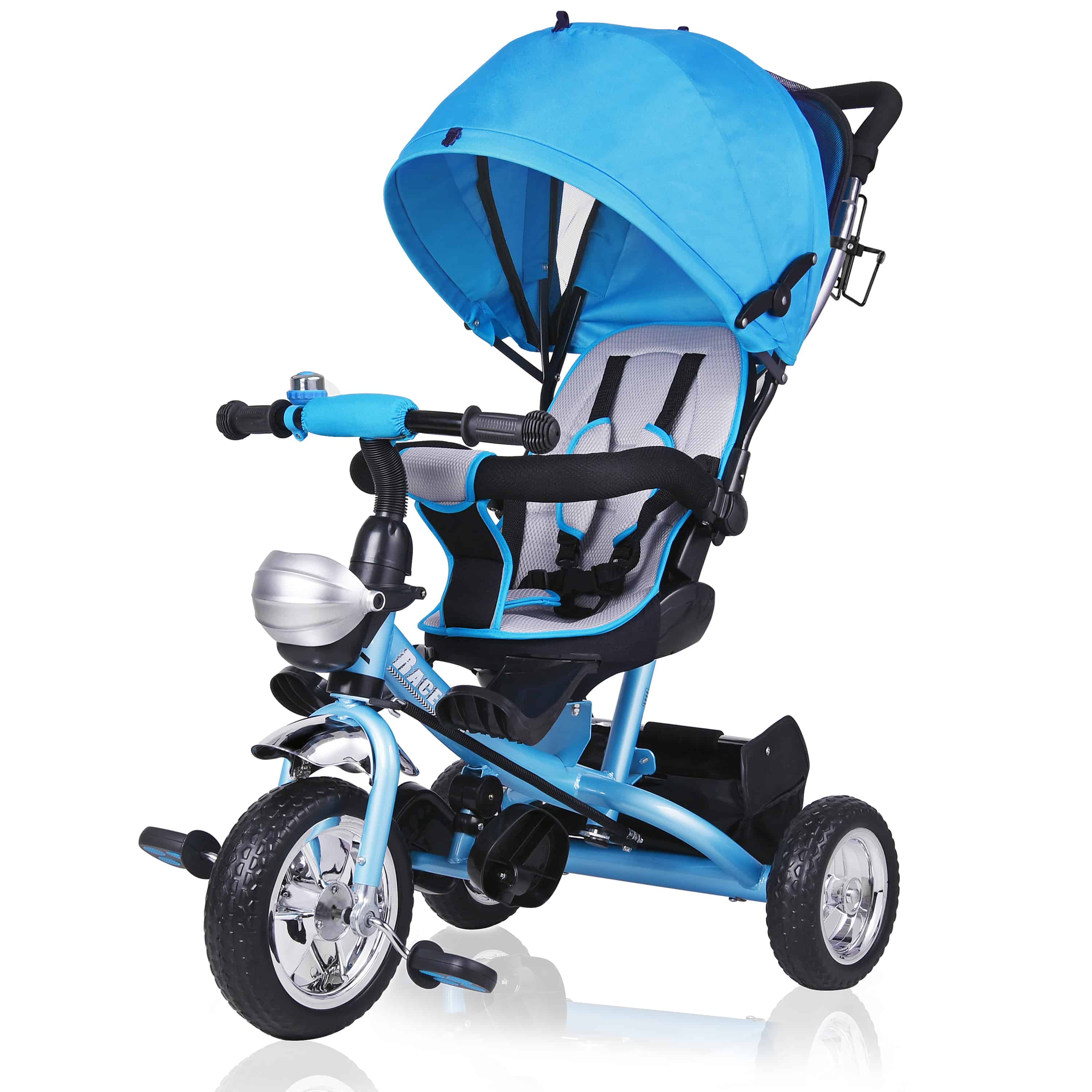 foto del prodotto triciclo passeggino per bambini blu con cappotta