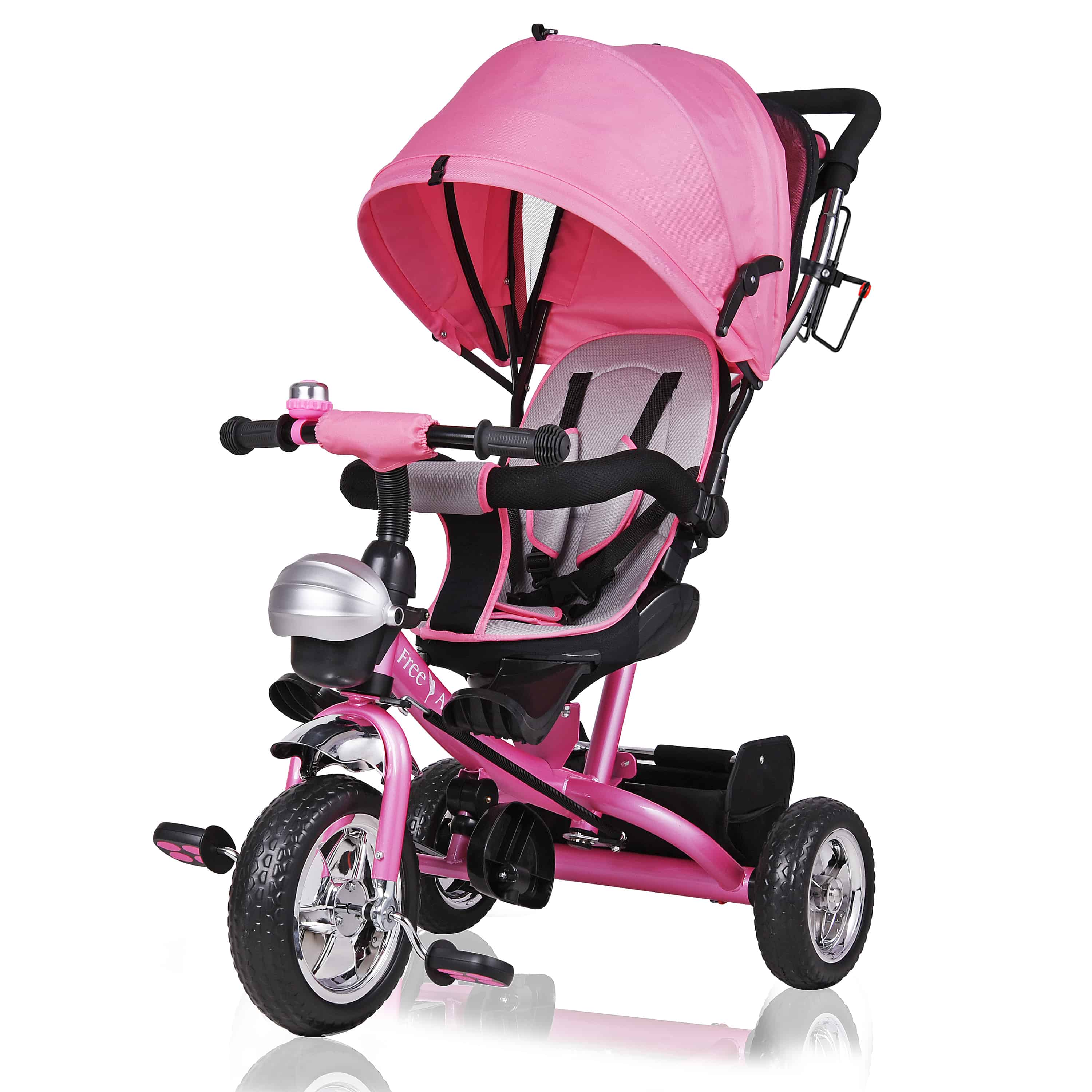 foto del prodotto triciclo passeggino per bambini rosa con cappotta