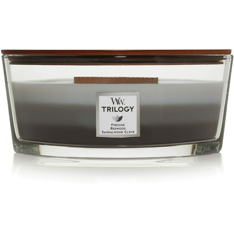 foto del prodotto trilogy candela profumata ellipse con stoppino crepitante legno caldo warm woods durata della fragranza fino a 50 ore woodwick