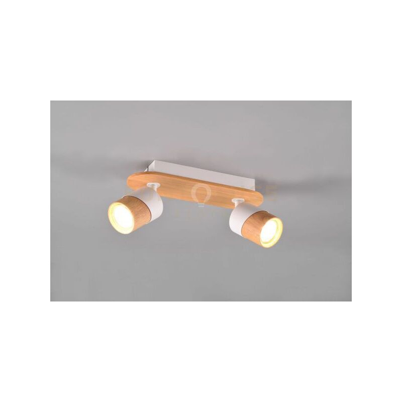 foto del prodotto trio leuchten aruni barra 2 spots orientabili metallo bianco e legno naturale l. 28cm attacco gu10