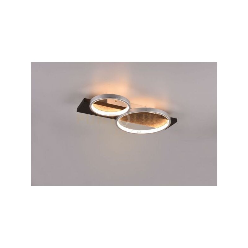 foto del prodotto trio leuchten medera plafoniera 2 cerchi metallo alluminio base legno nero con dimmerazione ad interruttore l. 54cm led 26w 3000lm, 3000k