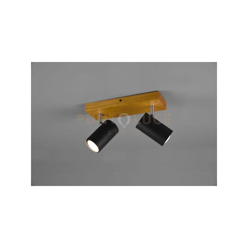 foto del prodotto trio lighting marley barra 2 spots cilindri neri base legno naturale l. 26cm2 luci attacco gu10