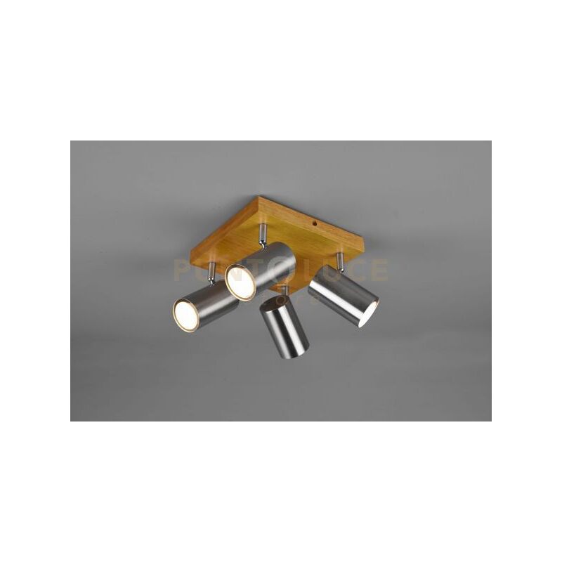 foto del prodotto trio lighting marley plafoniera 4 spots cilindri acciaio base legno naturale l. 22cm attacco gu10
