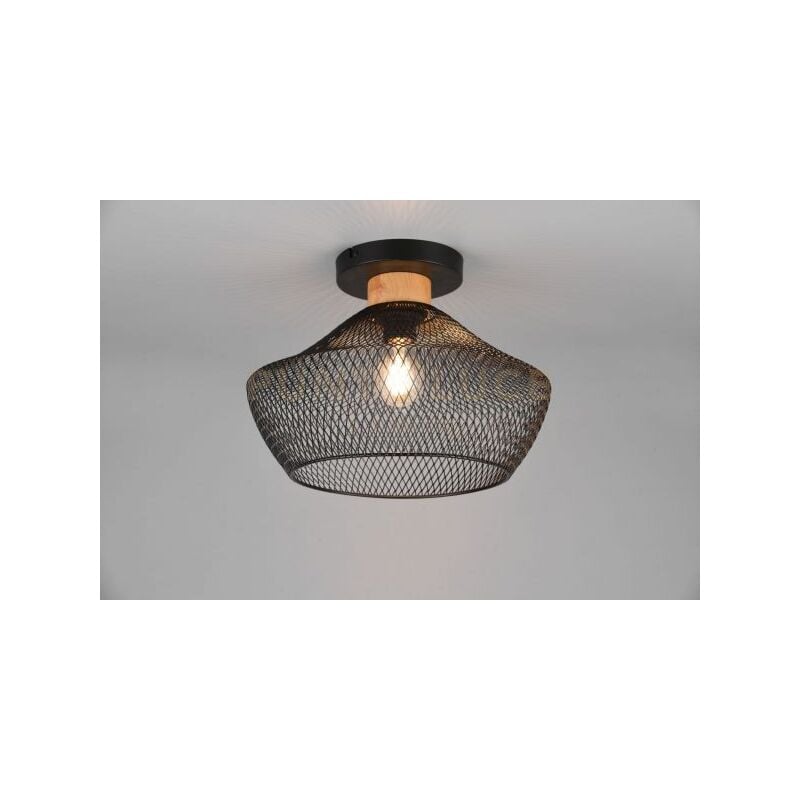 foto del prodotto trio lighting valeria plafoniera metallo gabbia nera con particolare in legno naturale d. 35cm 1 attacco e27