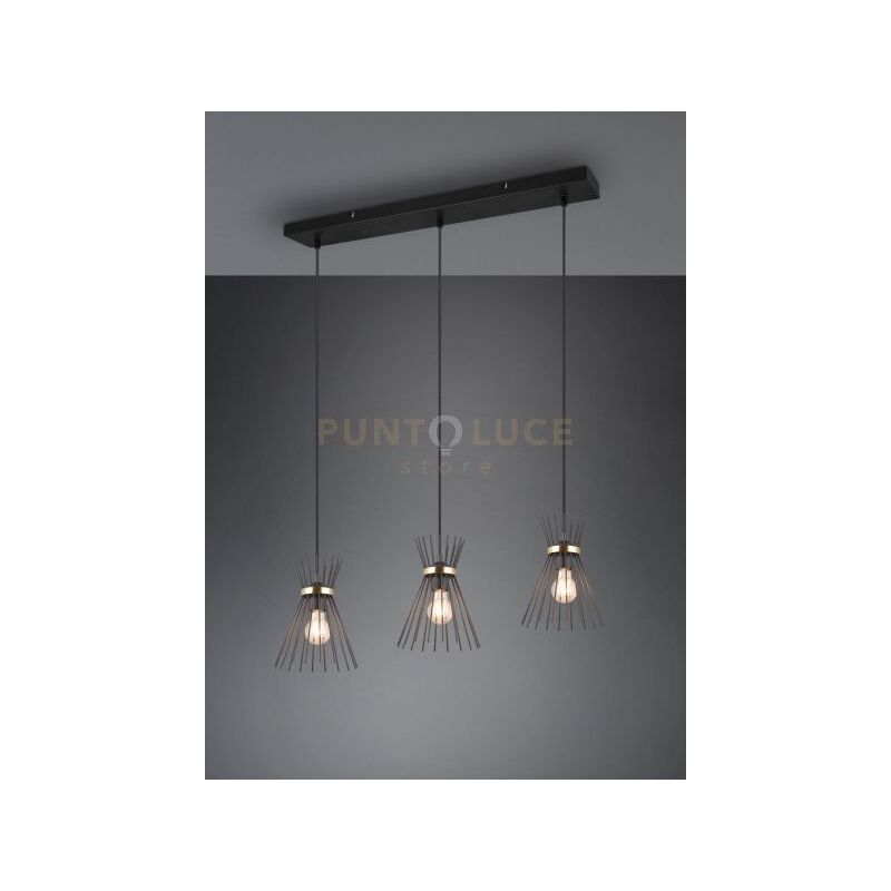 foto del prodotto trio rod sospensione 3 diffusori bacchette di metallo nero e oro l. 82cm 3 luci attacco e27