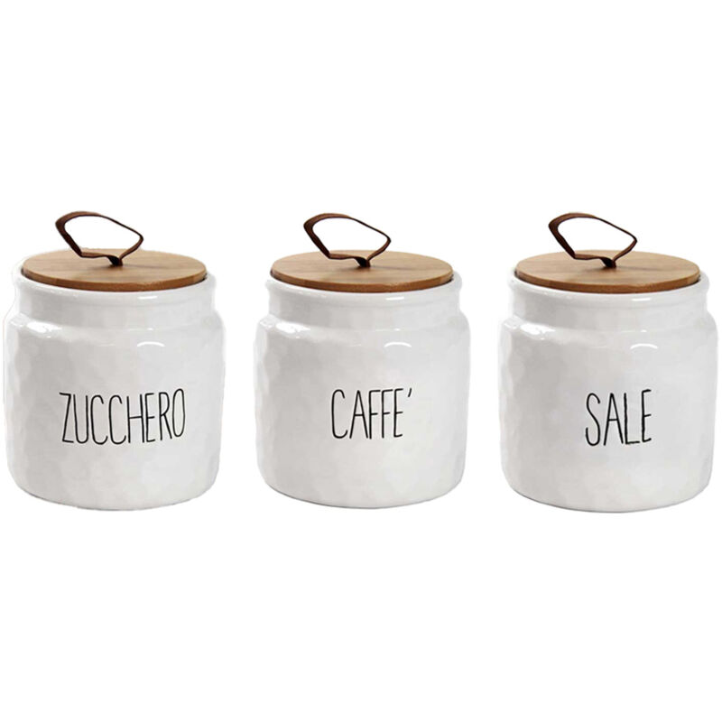 foto del prodotto tris barattoli modello ondulato per sale zucchero e caff 14 cm bianco con tappo in legno
