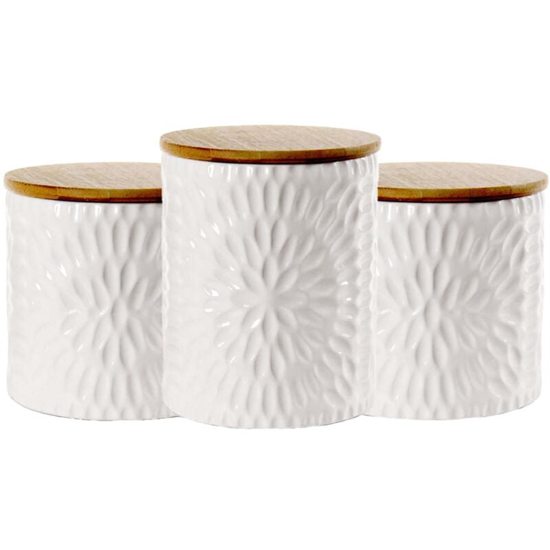 foto del prodotto tris di biscottiere in ceramica con tappo in legno 2 da 10x12.5 cm e una 13x16 cm bianche