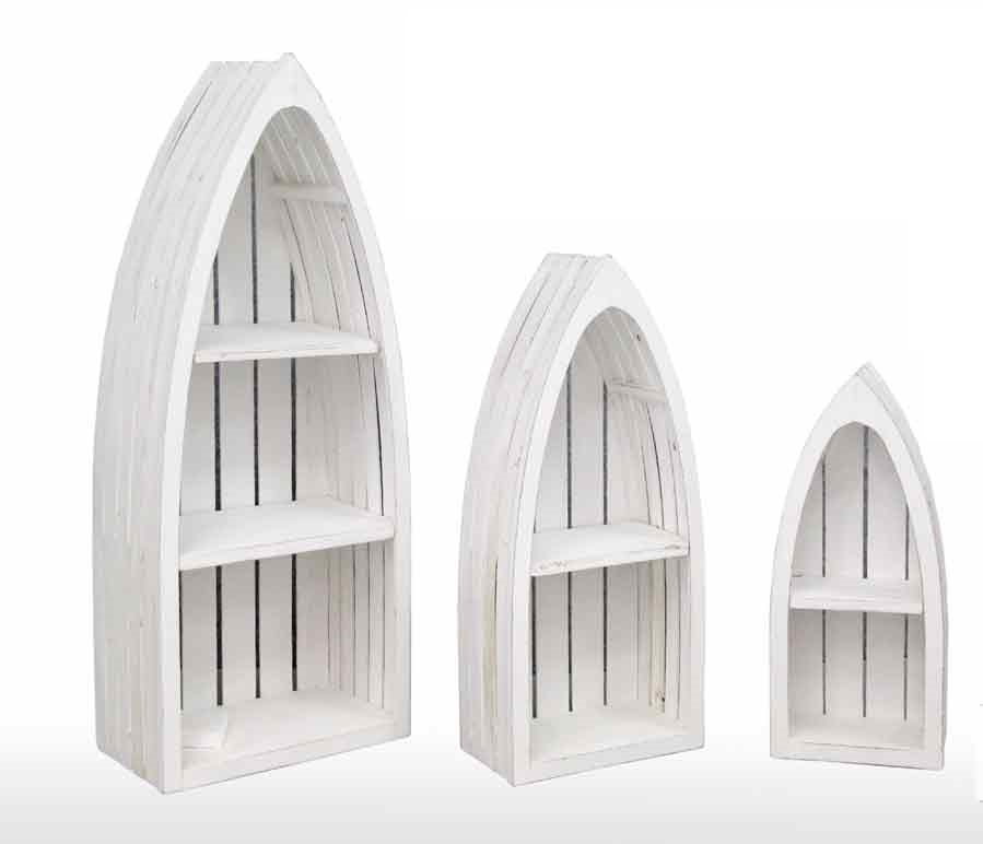 foto del prodotto tris di scaffali decorativi a barca in legno shabby di colore bianco
